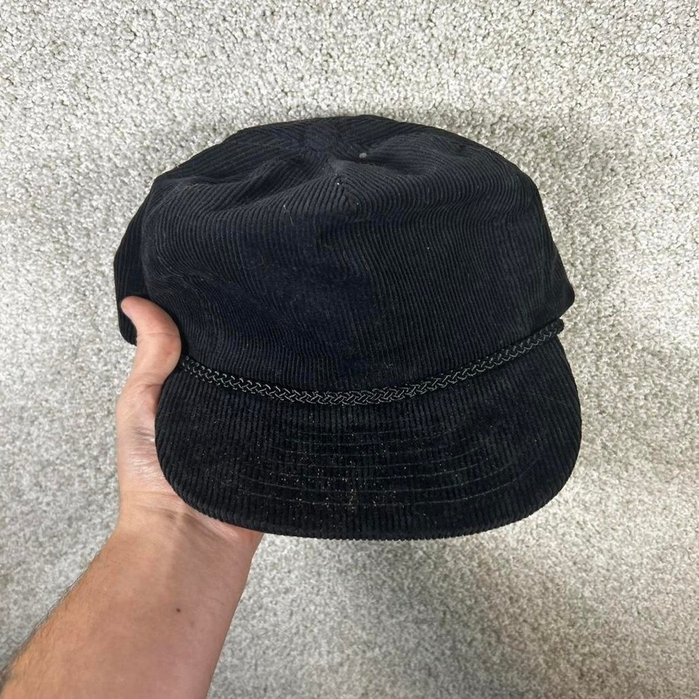 Vintage 80s/90s black corduroy black roped trucker NISSIN strap back hat cap
